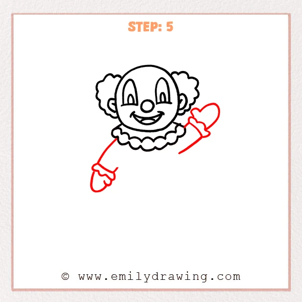 how to draw a cartoon clown - The cartoon clown now has two arms, including a raised arm with a mitten-style glove and ruffled cuffs, as if waving hello.